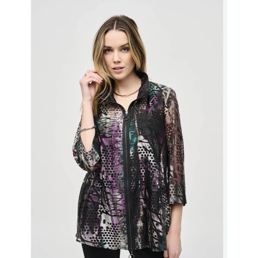 Joseph Ribkoff Organza Abstract Zip Up Sheer Oversized Sz 12 Jacket Black Artsy